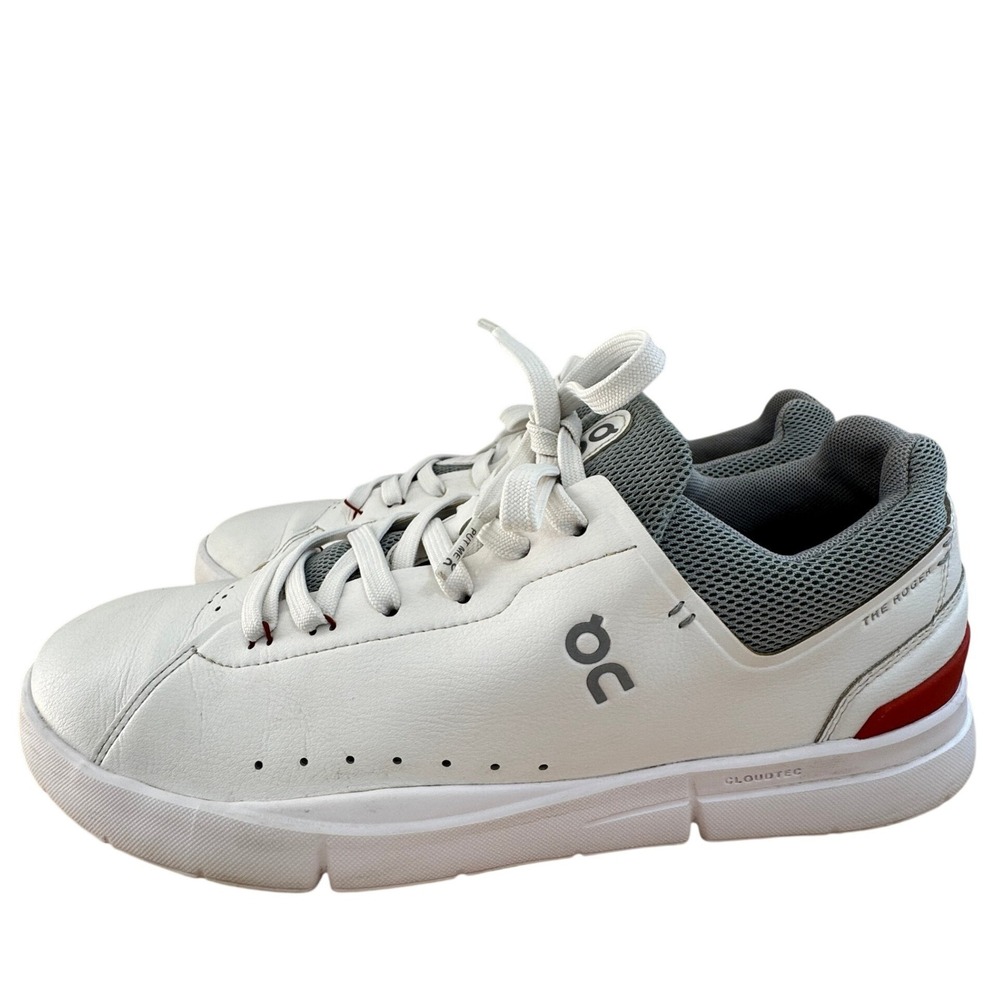 On Running The Roger Advantage Mens 10.5 White Grey Red Vegan Leather Sneakers